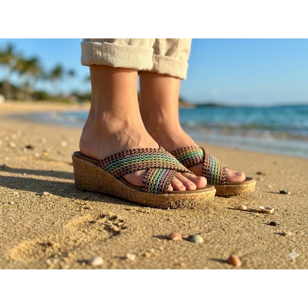 Skechers Luxe Foam Womens Multi Color Woven‎ Cross Strap Cork Wedge Sandals